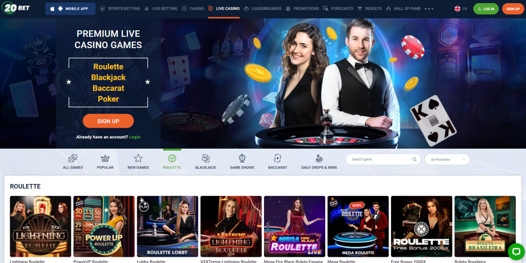 20Bet live casino page, roulette section