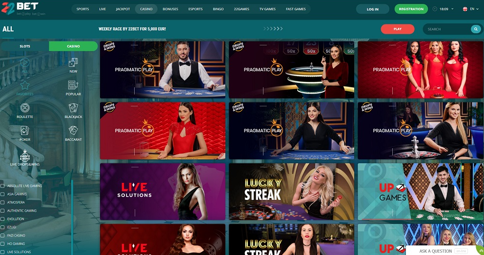 Main page of 22Bet live casino where you can see the roulettes