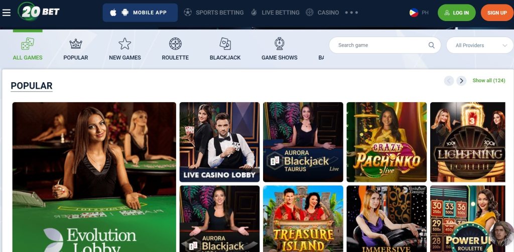 20 Bet Casino live section