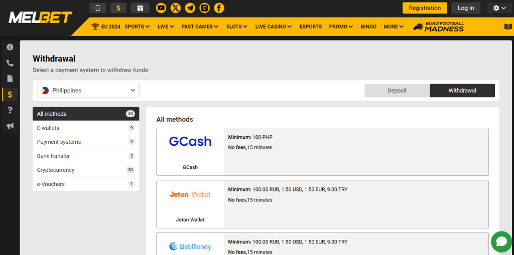 Withdrawal options at Melbet