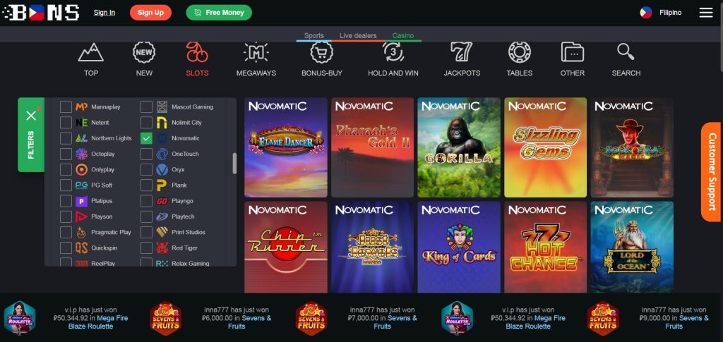 Novomatic Slot Titles on Bons Casino