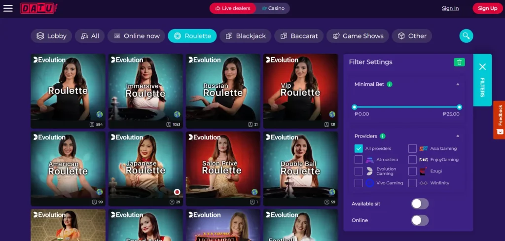 Datubet’s live roulette page