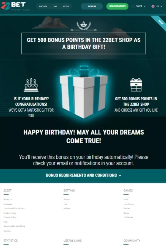 22Bet Birthday bonus